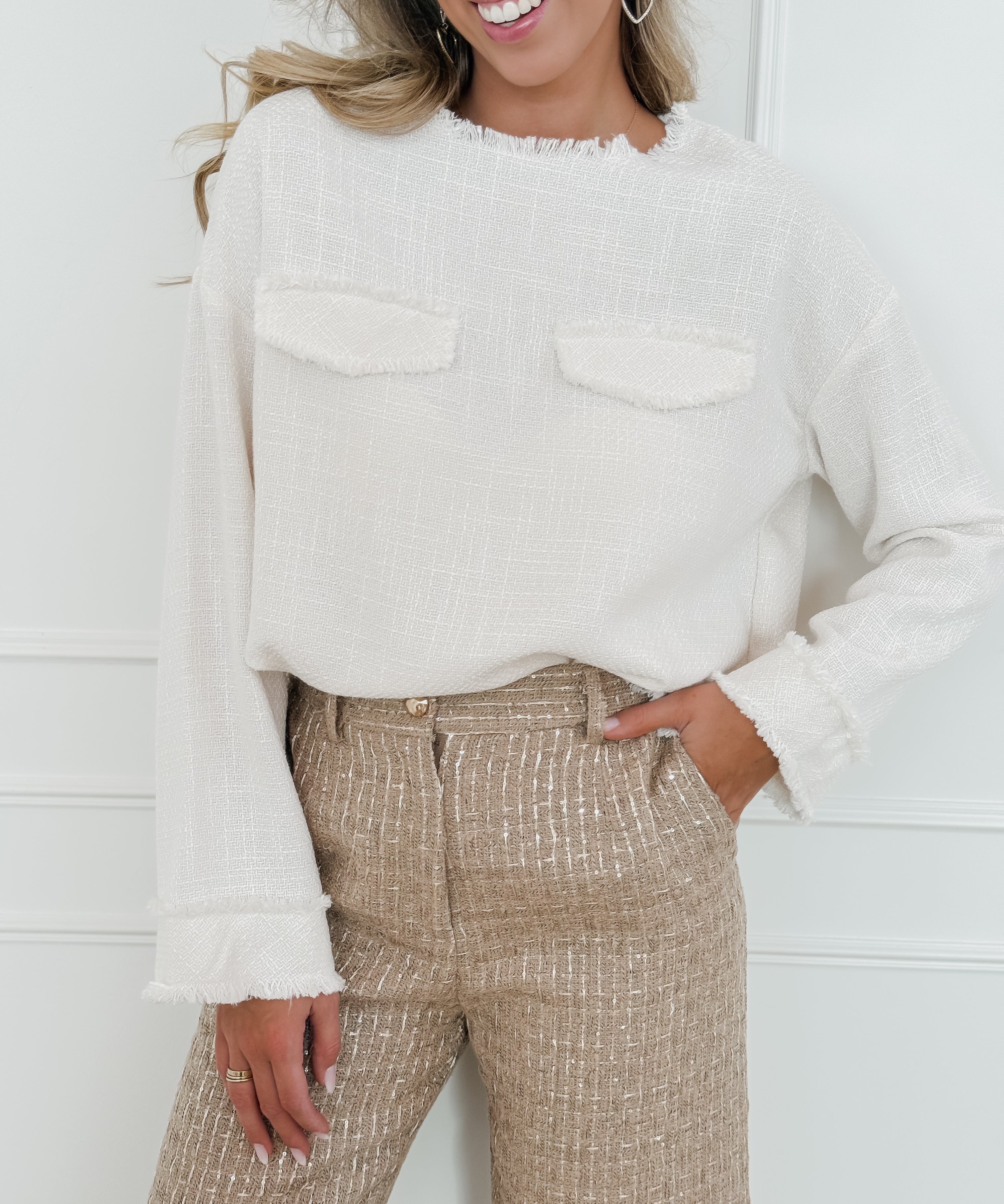 Cream Two Pocket Tweed Blouse