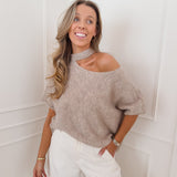 Taupe One Off Shoulder Halterneck Sweater