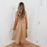 Camel Cilia Collar Short Sleeve Broderie Trim Dress