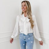White Satin Bow Blouse