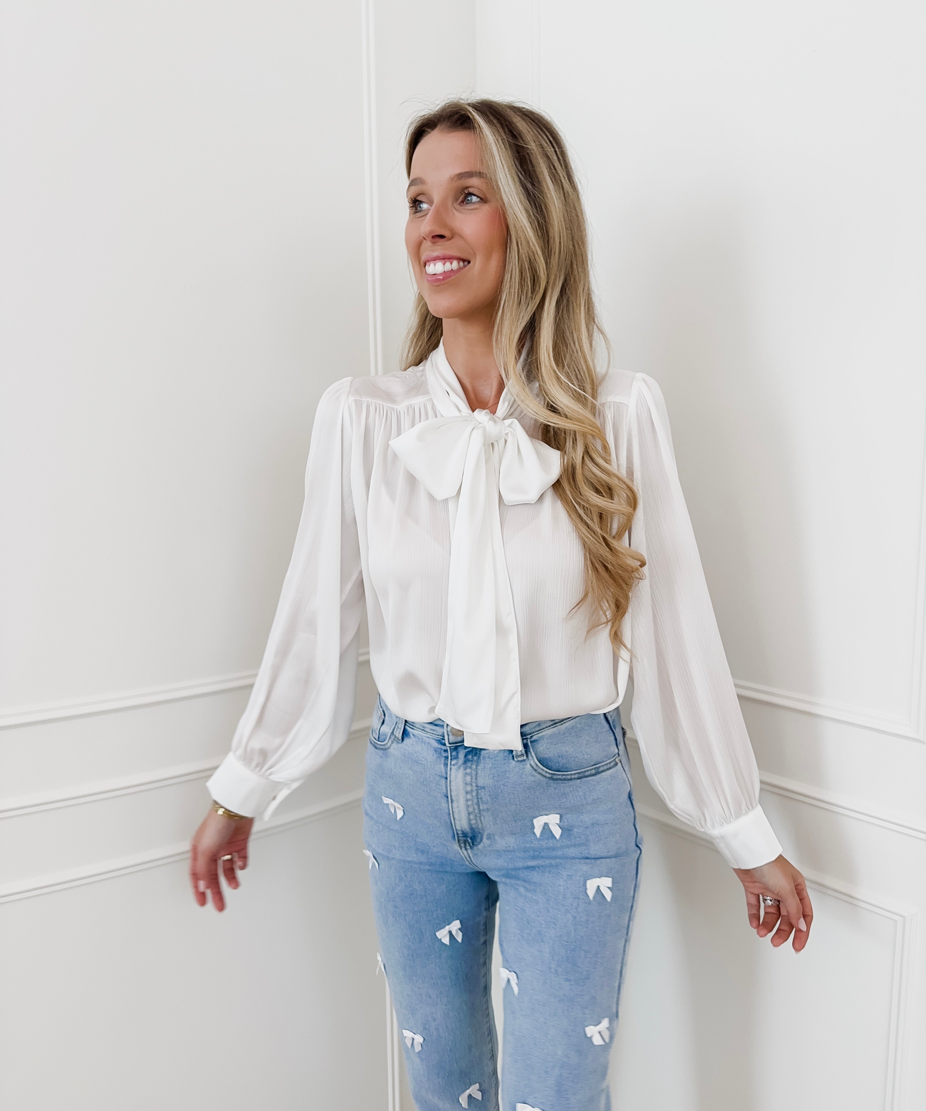 White Satin Bow Blouse