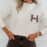 White Leather Detail Pocket Long Sleeve Sweater