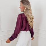 Dark Purple Satin Front Bow Blouse