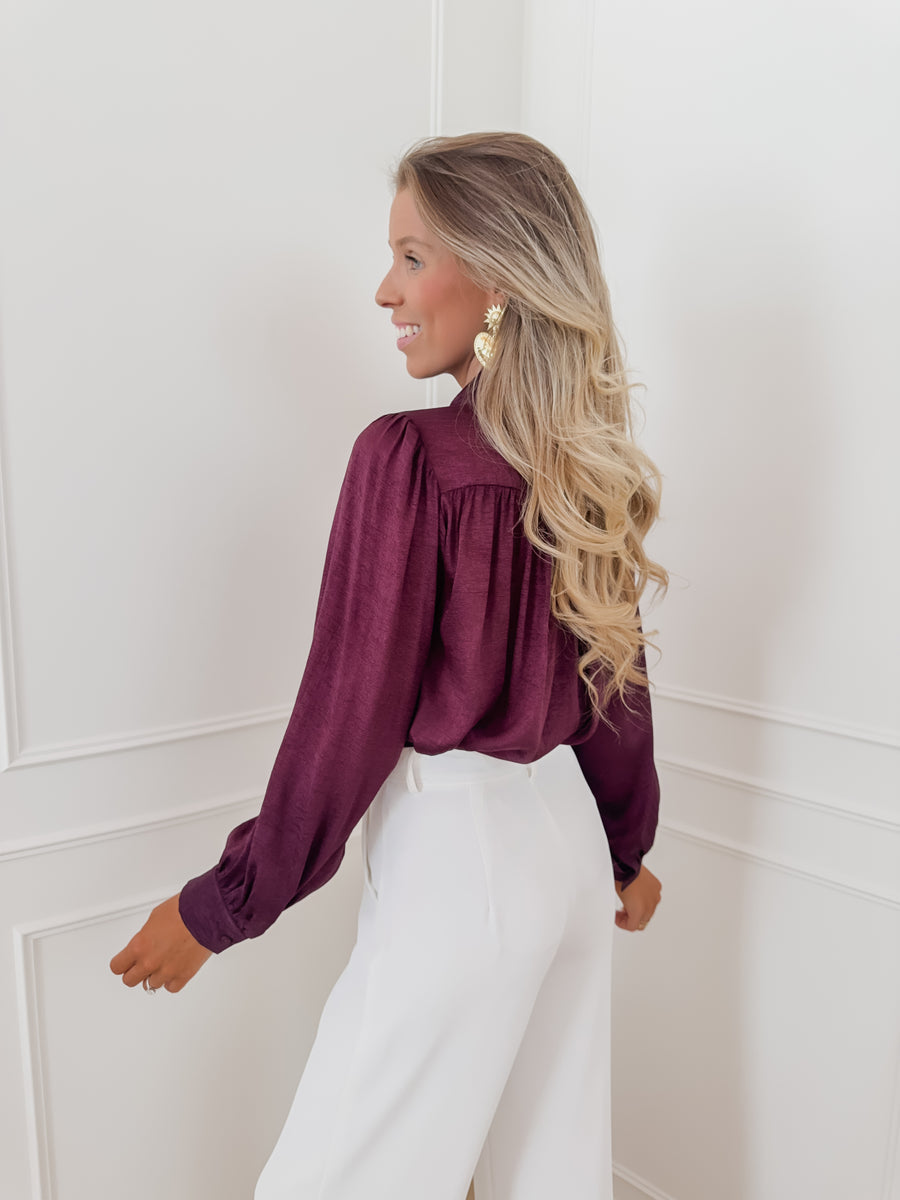 Dark Purple Satin Front Bow Blouse