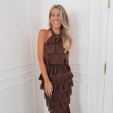 Brown Halterneck Crossed Back Dress