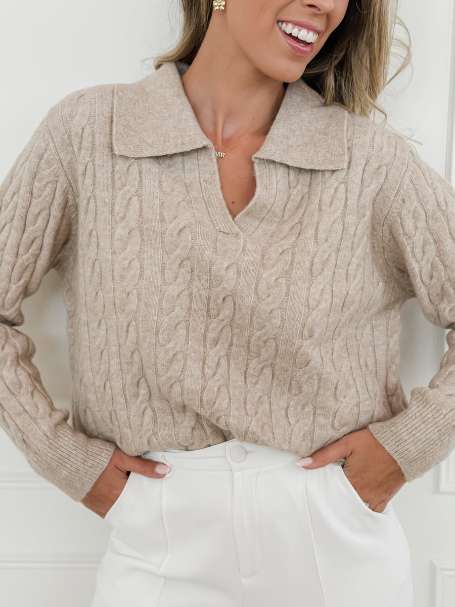 Beige Mina Cable Collar Sweater