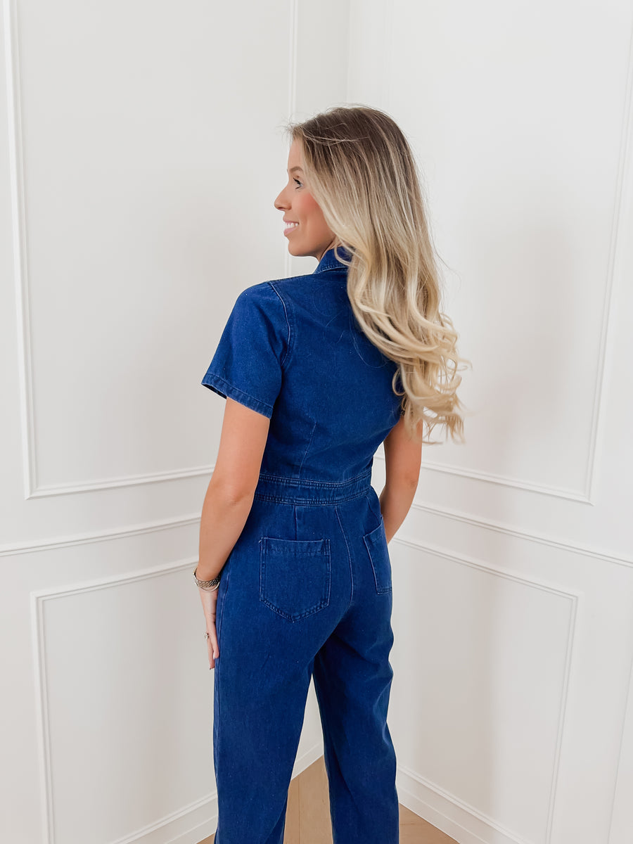 Dark Jeans Short Sleeve Pocket Jumpsuit