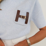 Blue Leather Detail Pocket Sweater