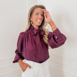 Dark Purple Satin Front Bow Blouse