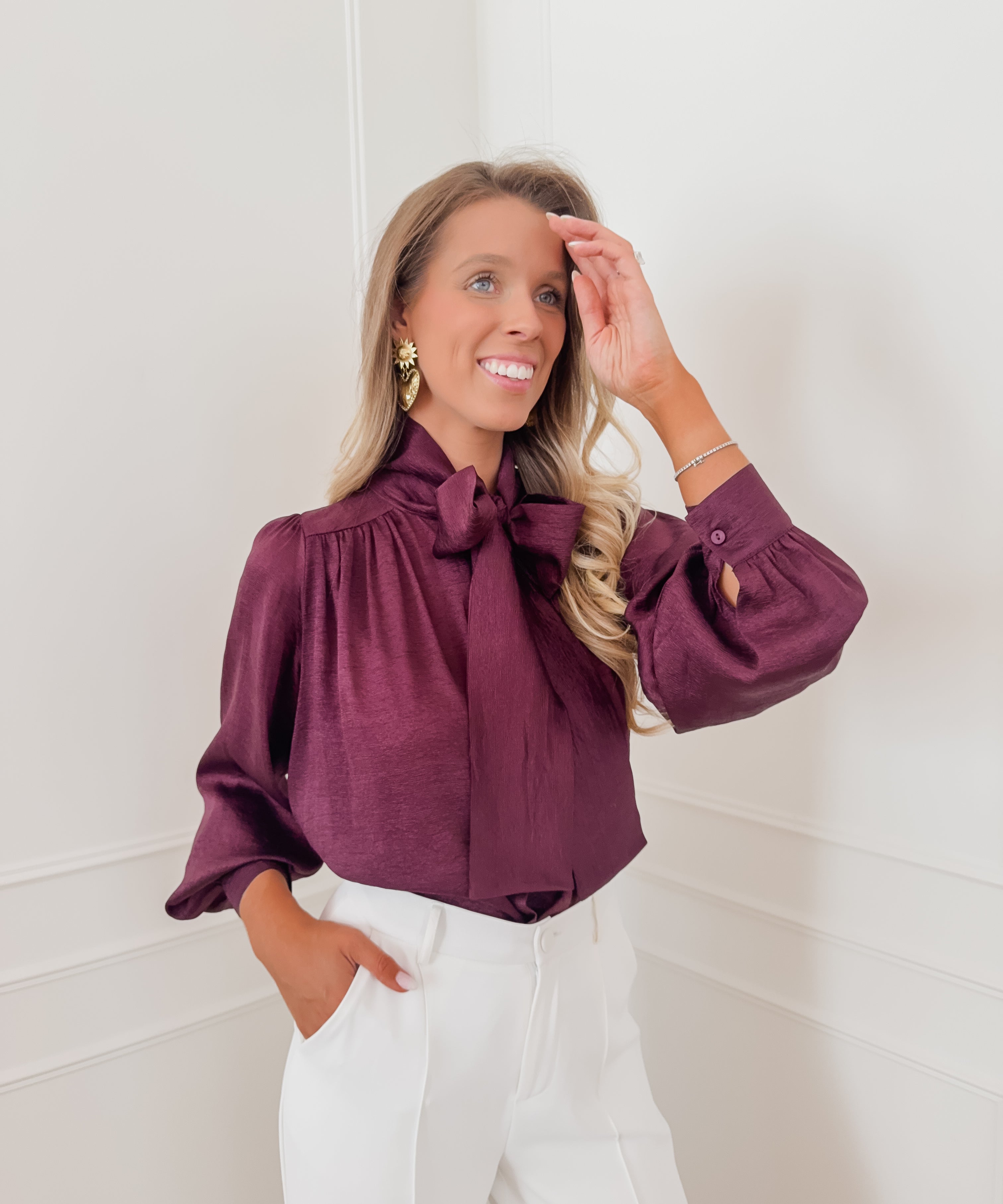 Dark Purple Satin Front Bow Blouse