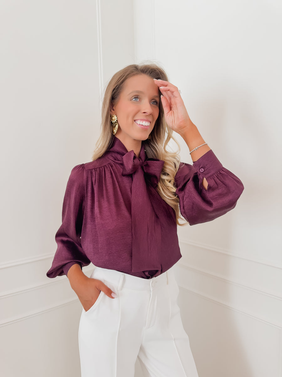 Dark Purple Satin Front Bow Blouse