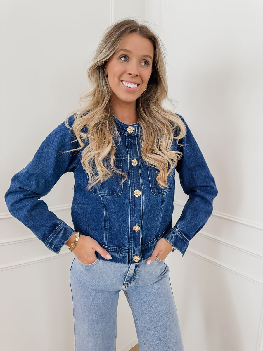 Dark Jeans Flower Button Jacket