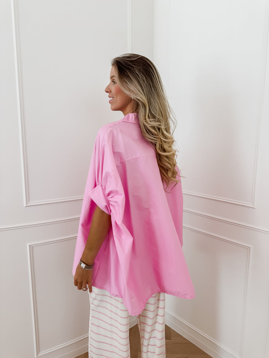 Pink Cotton Oversized Short Sleeve Blouse