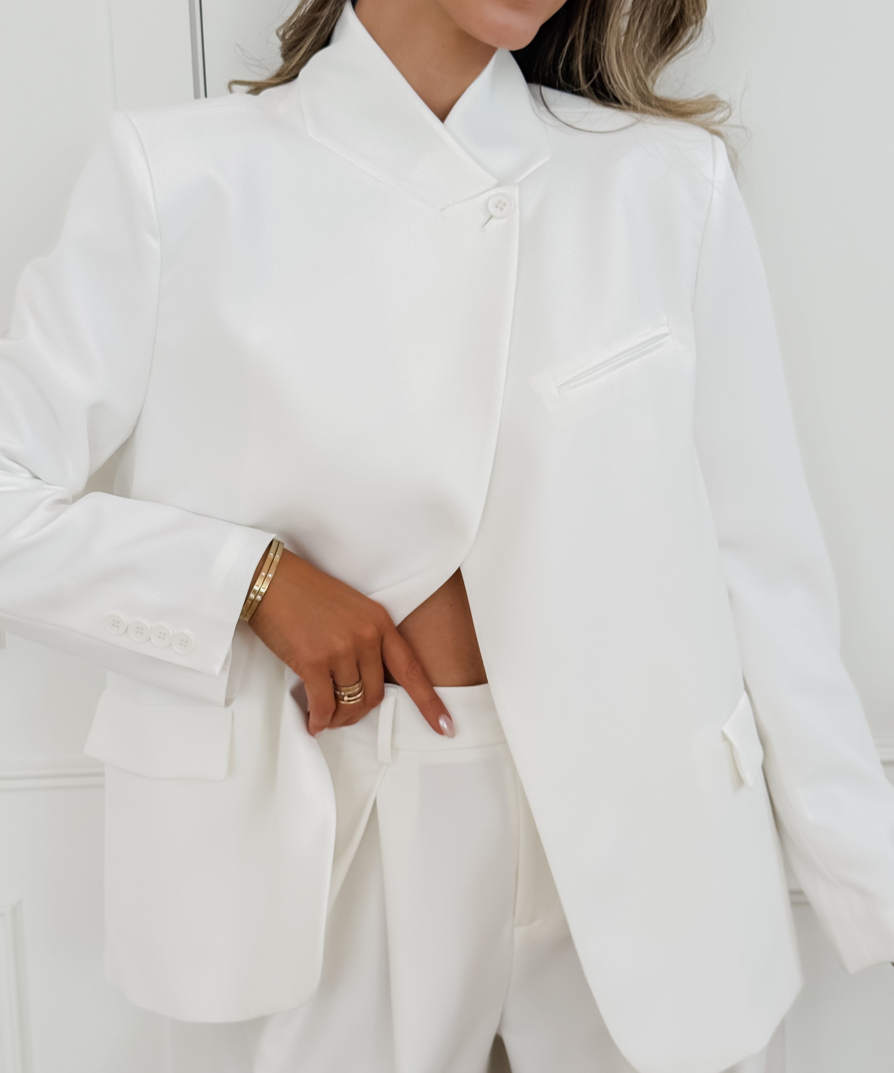 White Amandine Stand Collar Overlap Blazer