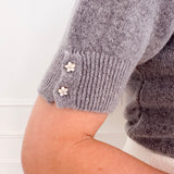Grey Flower Diamond Button Sweater (Short Sleeve)