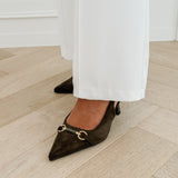Dark Green Sarah Suede Buckle Heels