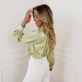 Green Satin Bow Blouse