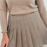 Brown Gemma Pied-De-Poule Pleated Skirt