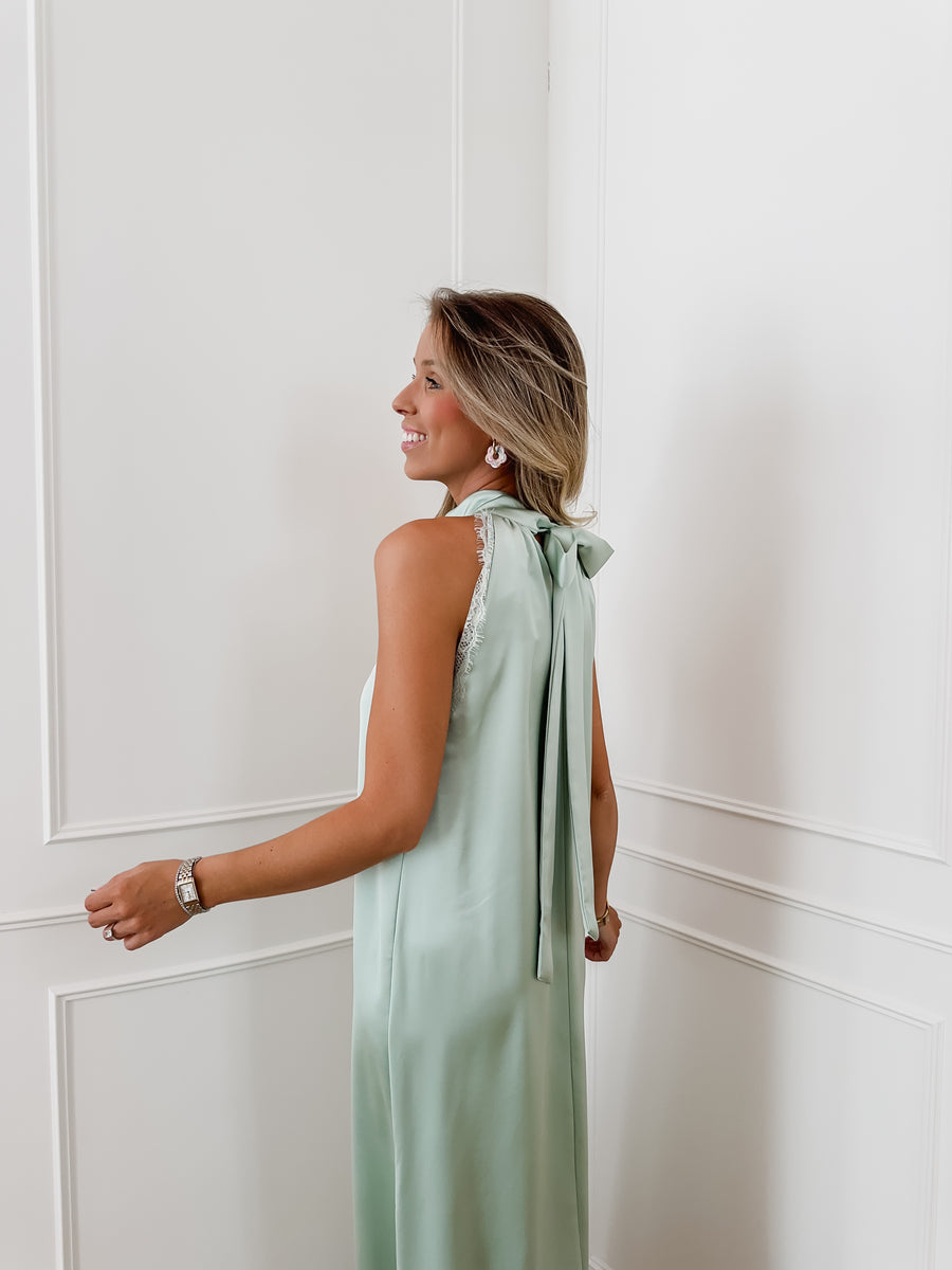Mintgreen Lace Long Halterneck Bow Dress