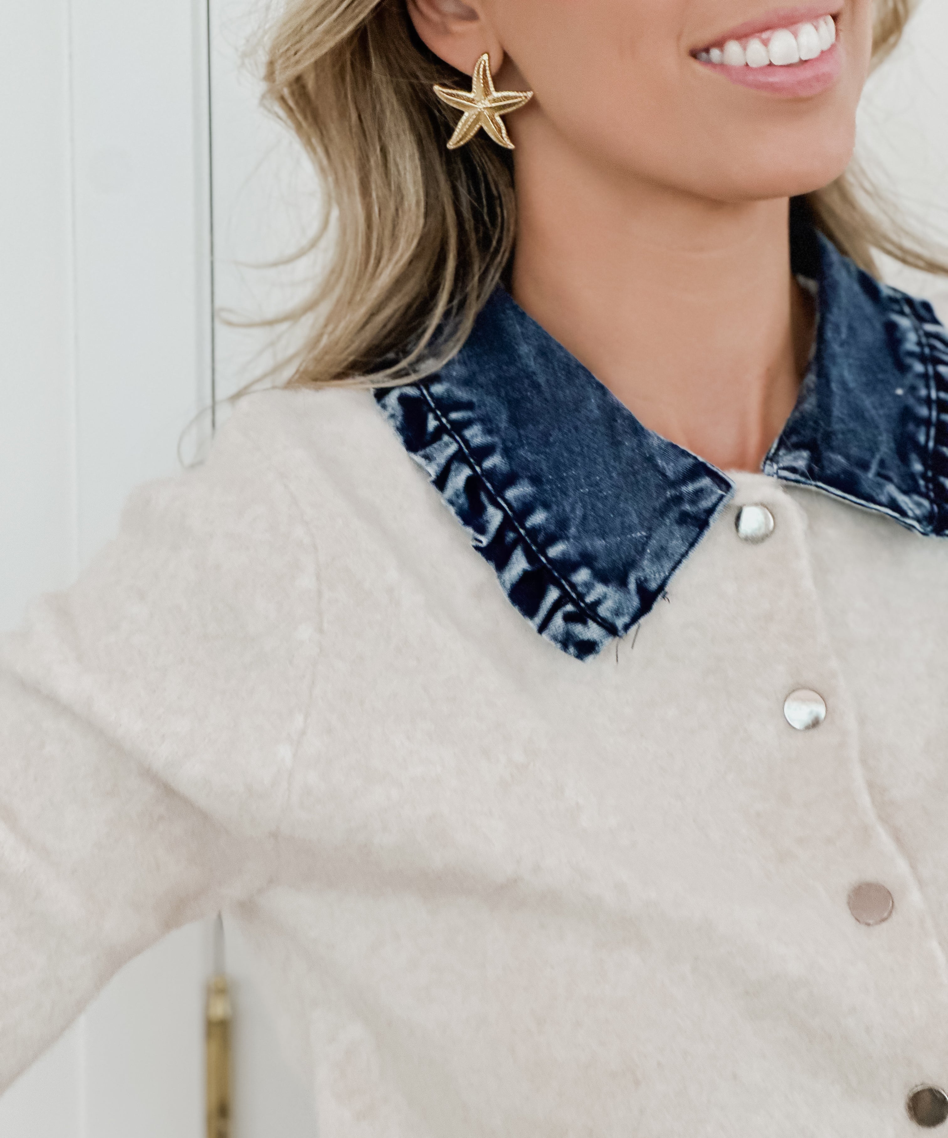 Beige Jeans Collar Cardigan
