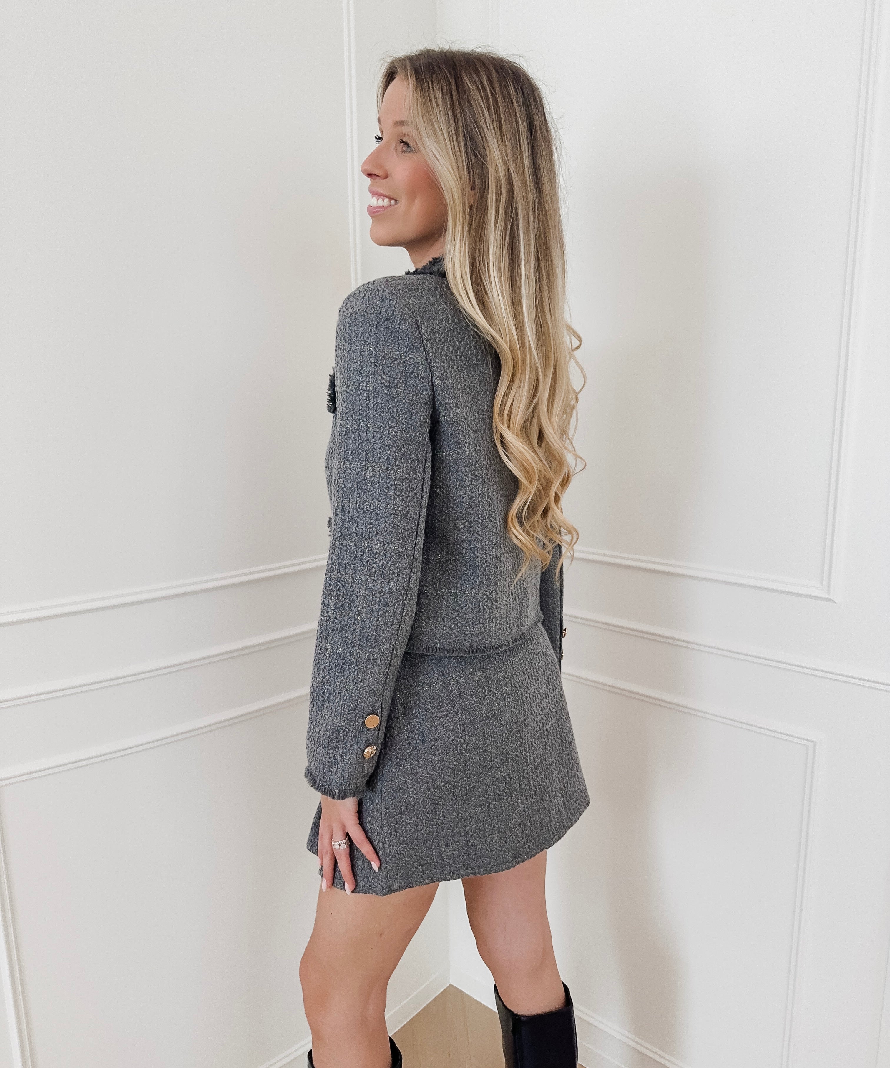Grey Tweed Golden Button Jacket