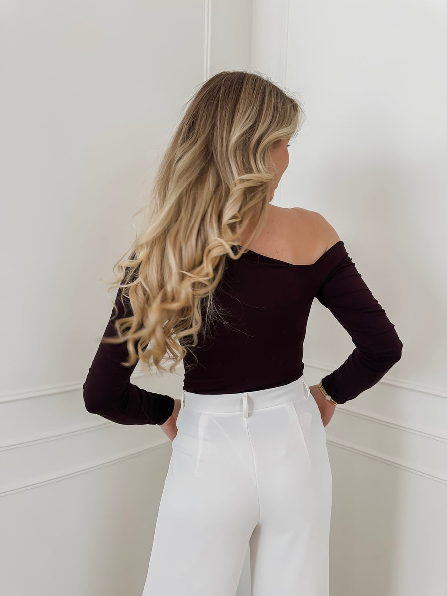 Dark Brown Long Sleeve One Shoulder Top