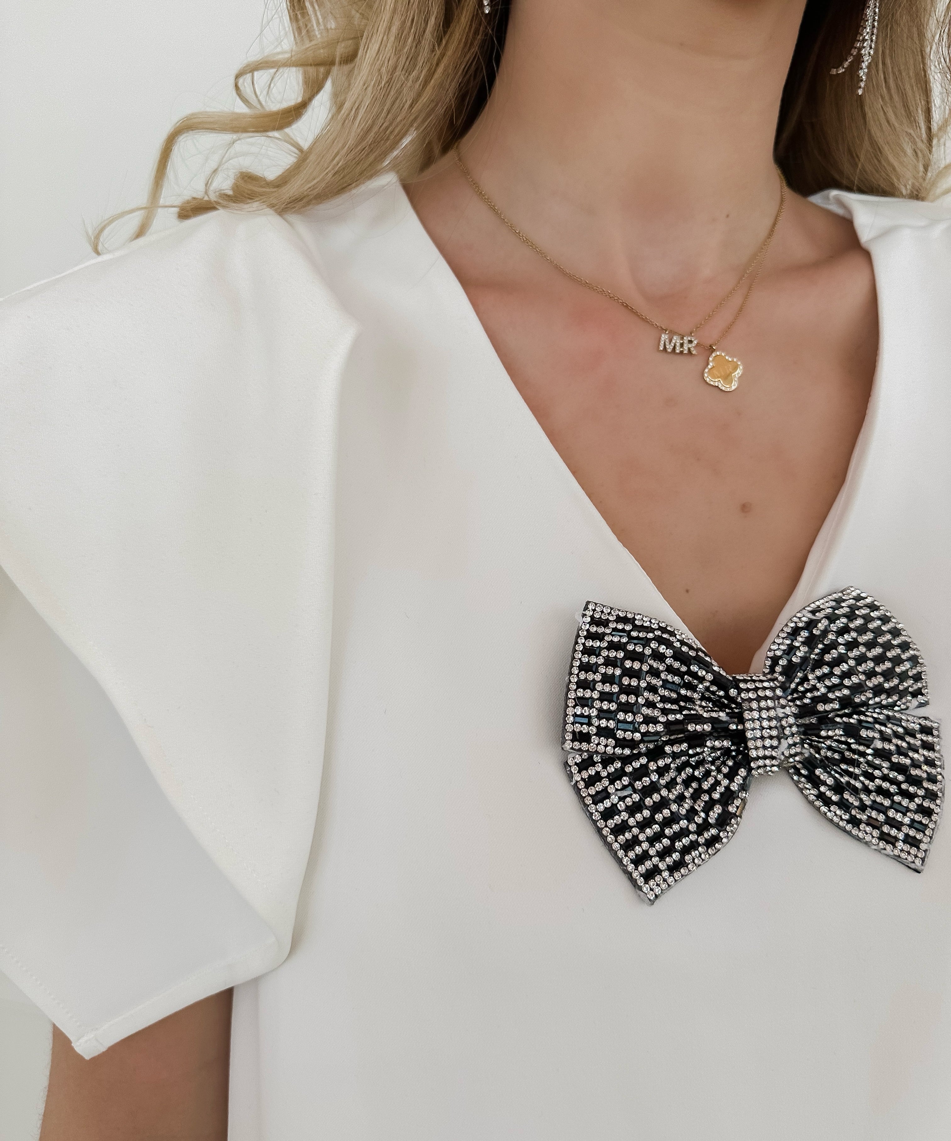 White Frill Sleeve Diamond Bow Dress