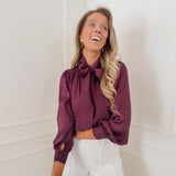 Dark Purple Satin Front Bow Blouse
