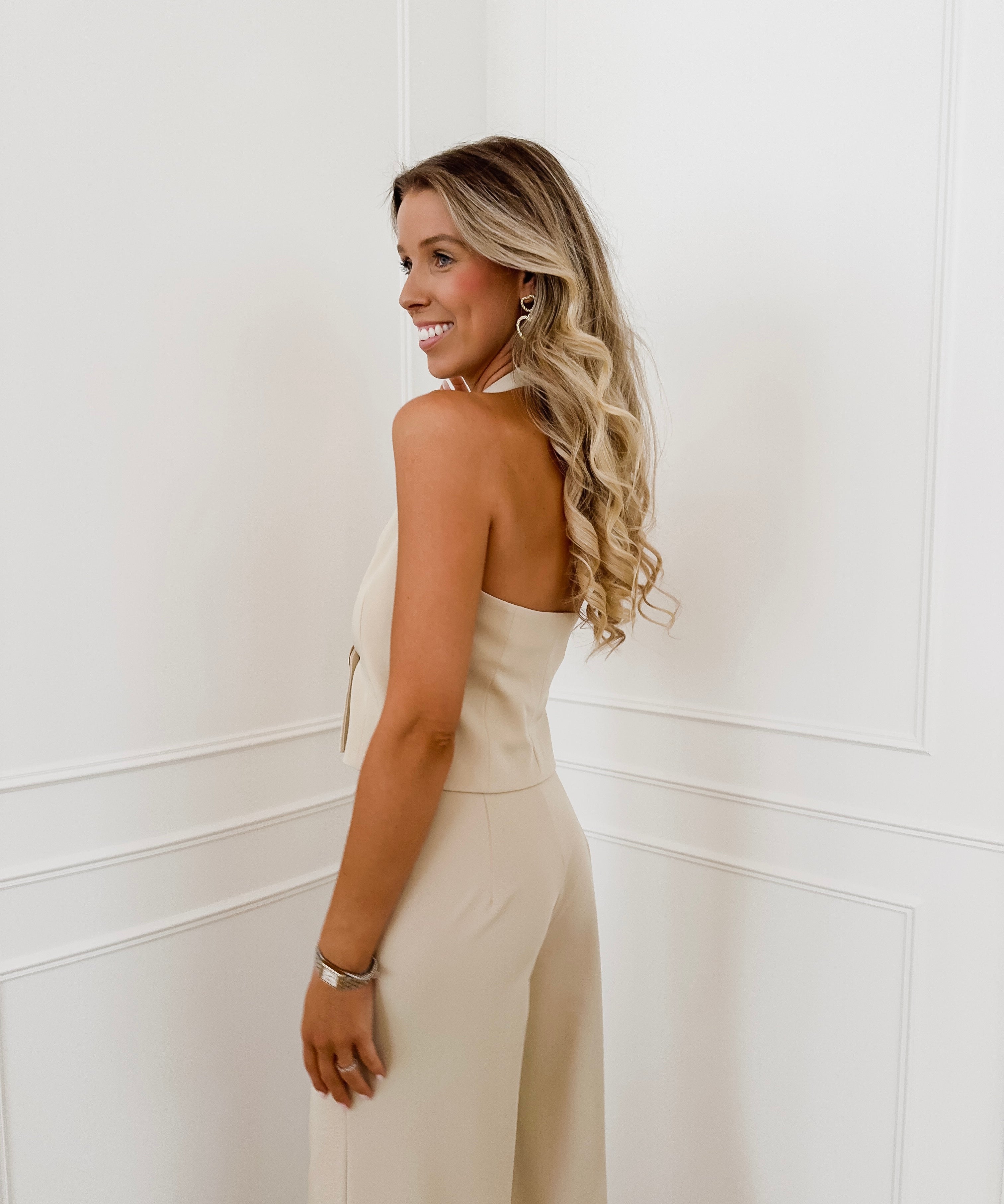Beige Golden Button Halterneck Top