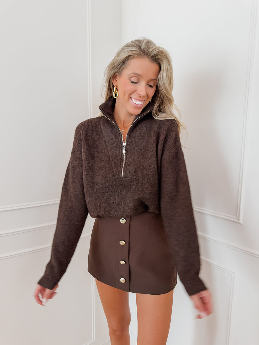 Dark Brown Pearl Zipper Sweater