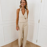 Beige Golden Button Halterneck Top