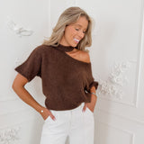 PRE ORDER Brown One Off Shoulder Halterneck Sweater