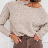 Taupe One Off Shoulder LONG SLEEVE Halterneck Sweater