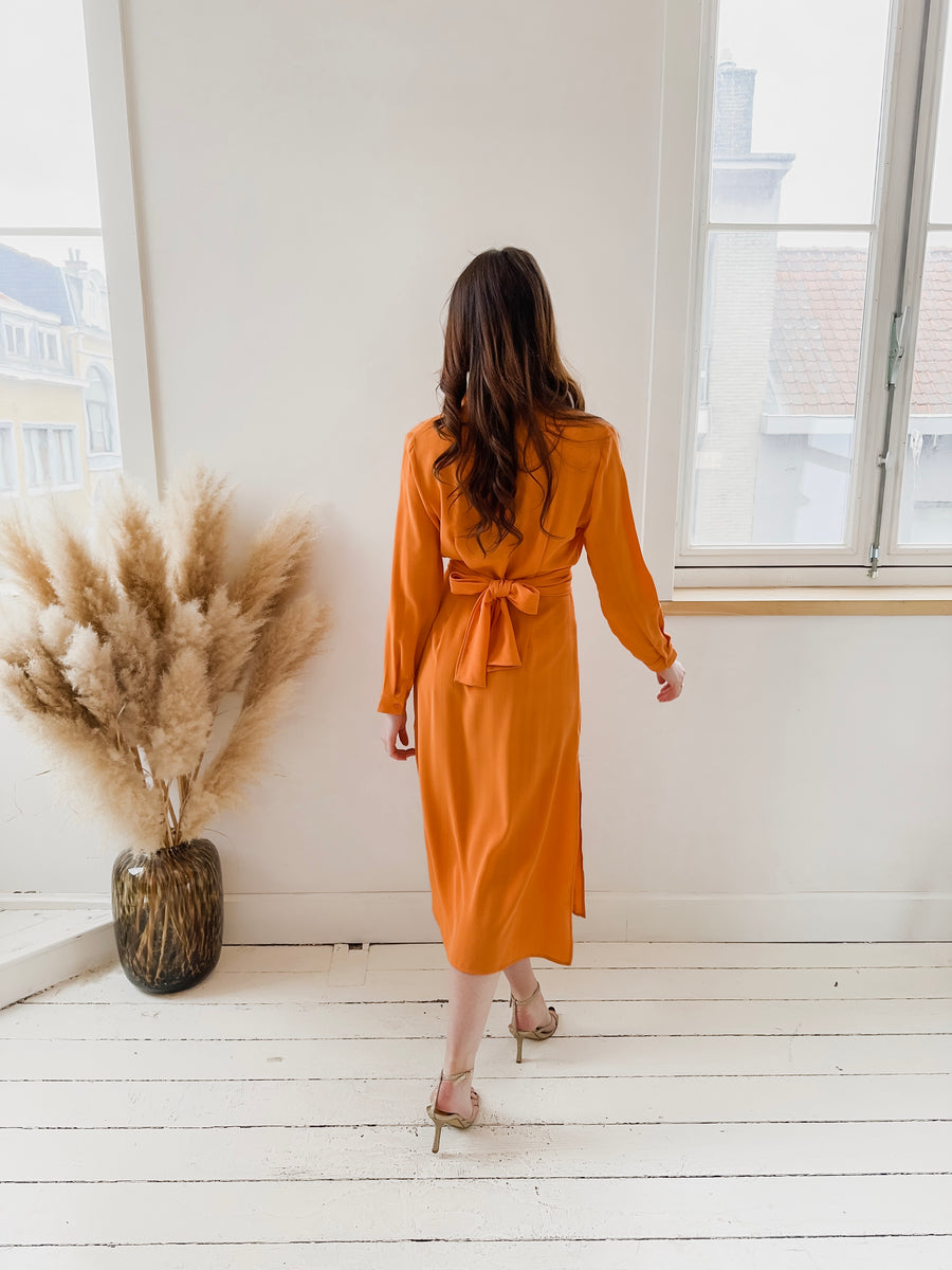 Long Linen Orange Bow Dress
