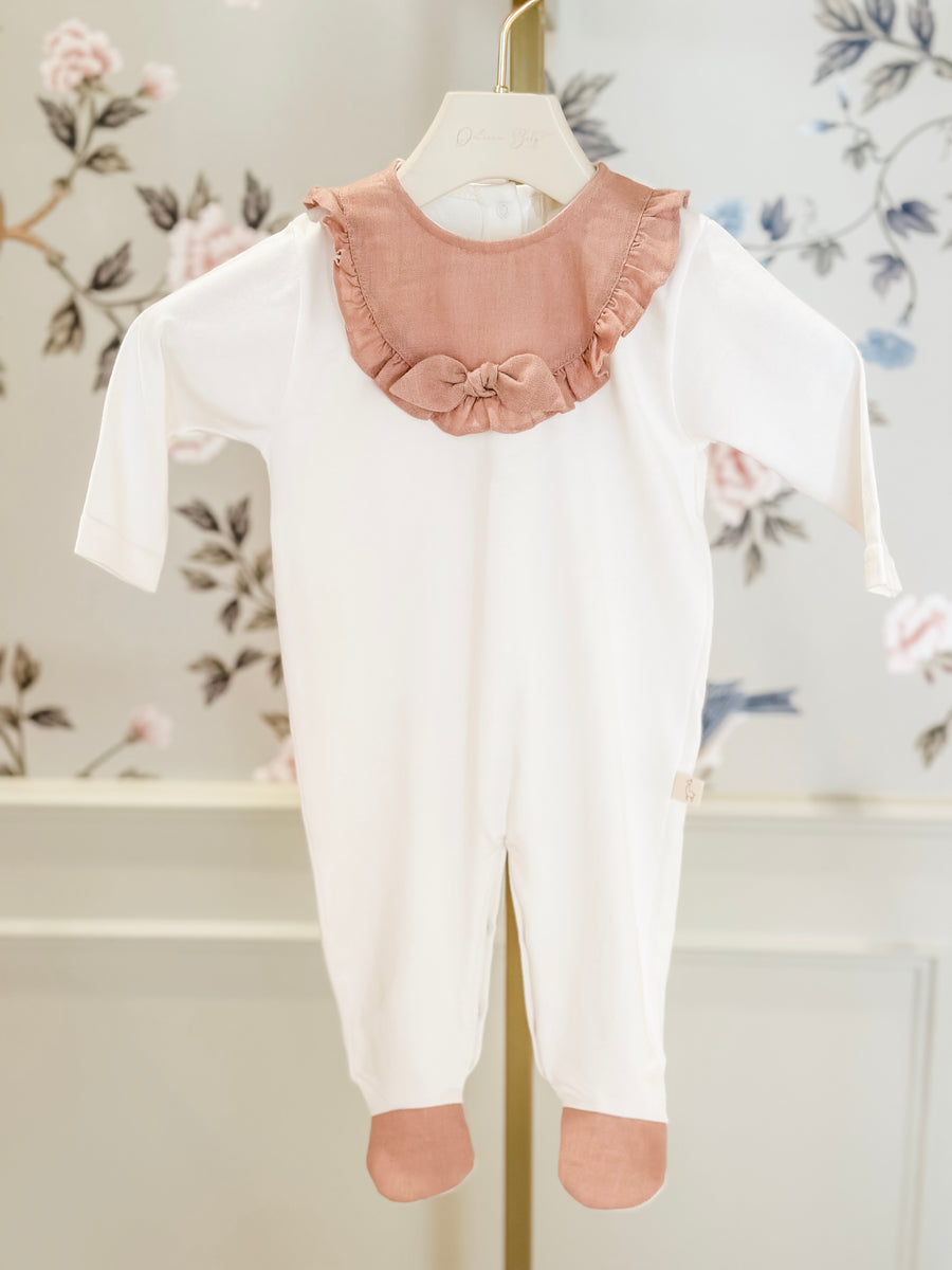 BABY - White Old Pink Frill Bow Rompersuit