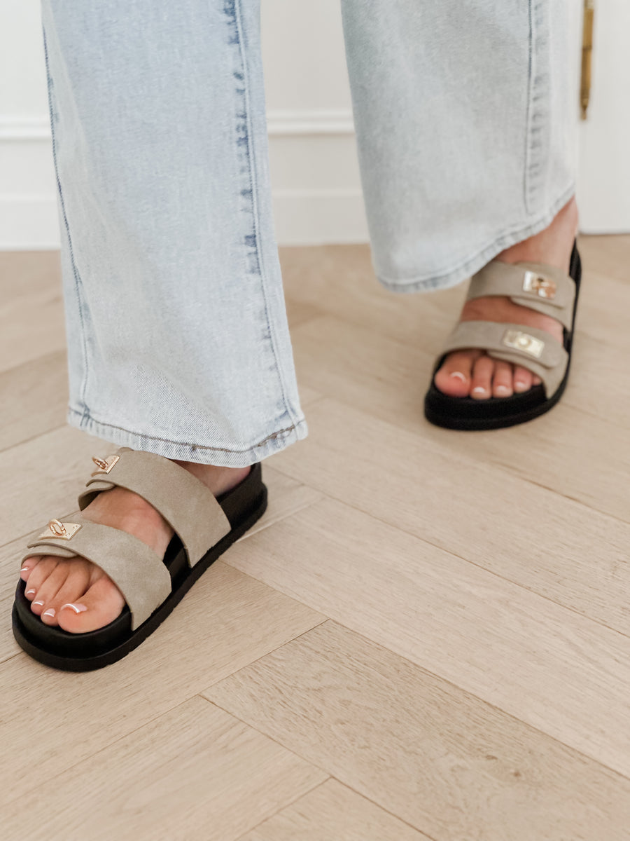Taupe Buckle Slippers