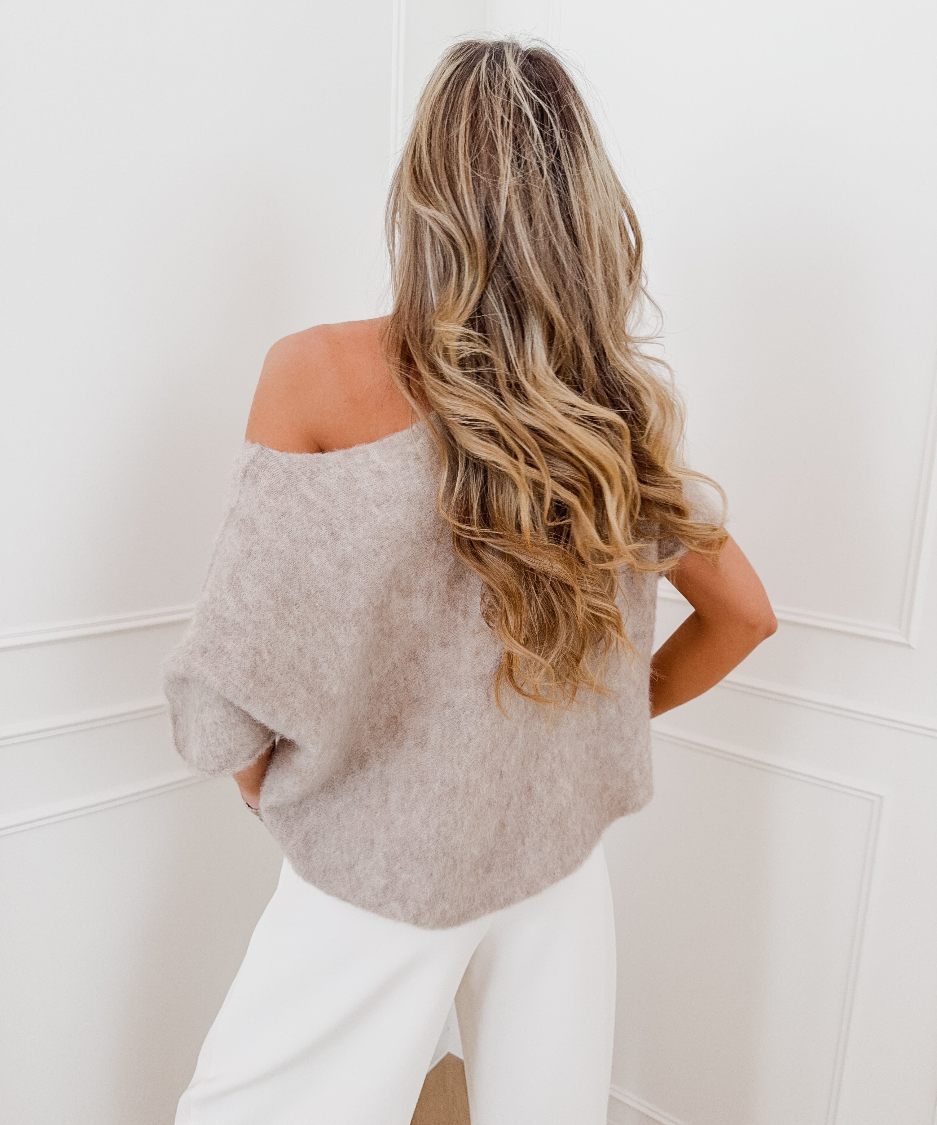 Taupe One Off Shoulder Halterneck Sweater