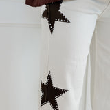 Cream Brown Star Diamond Detail Jeans
