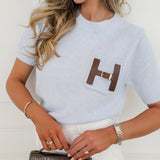 Blue Leather Detail Pocket Sweater