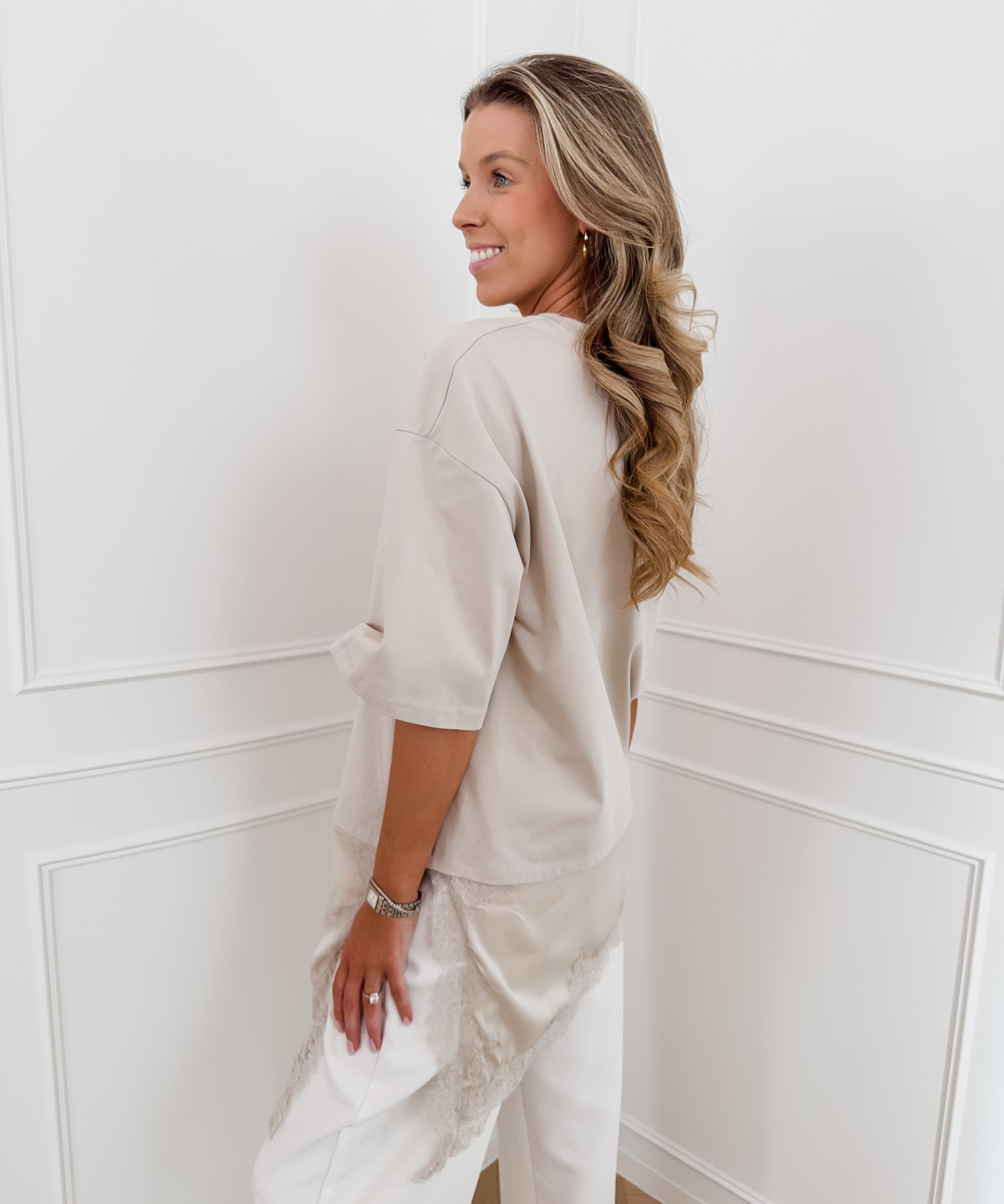 Beige Asymmetric Lace T-Shirt
