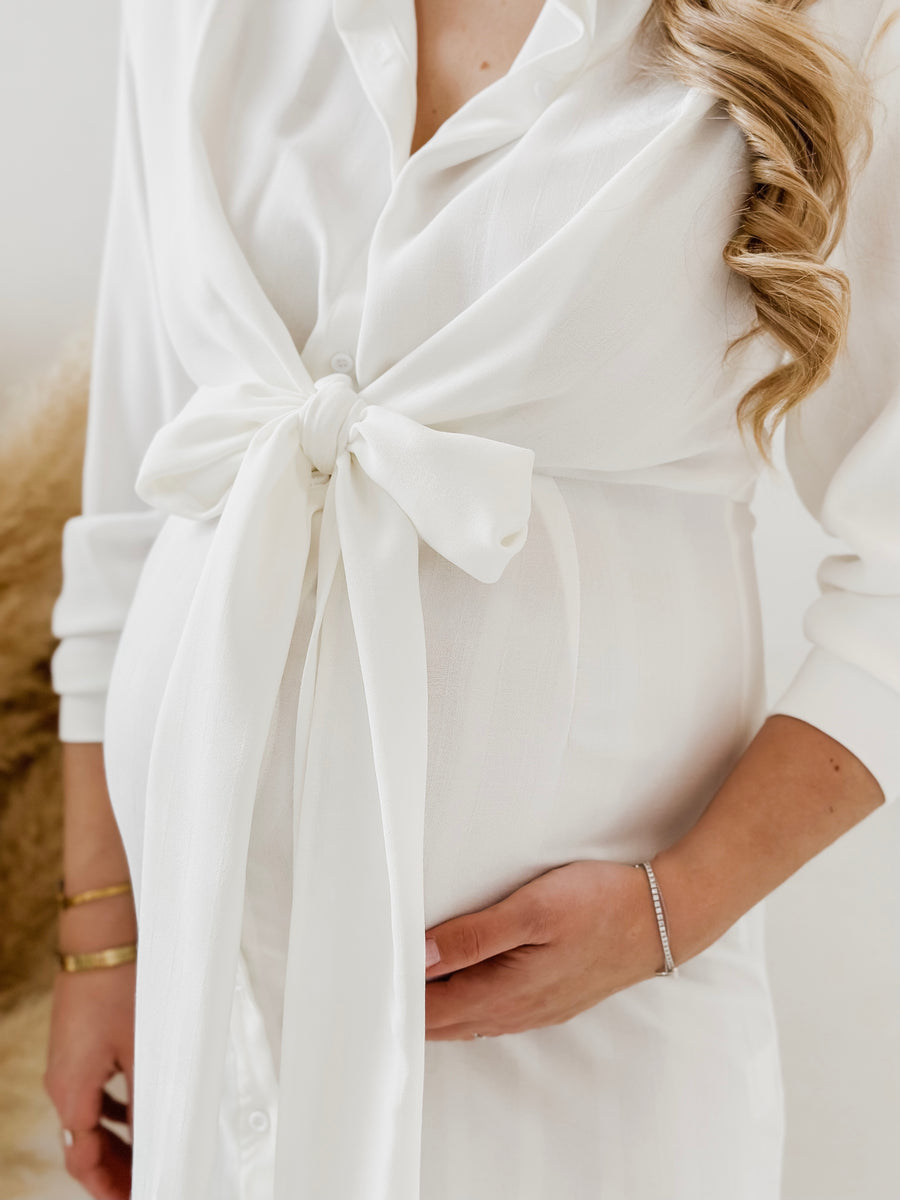 Long Linen White Bow Dress