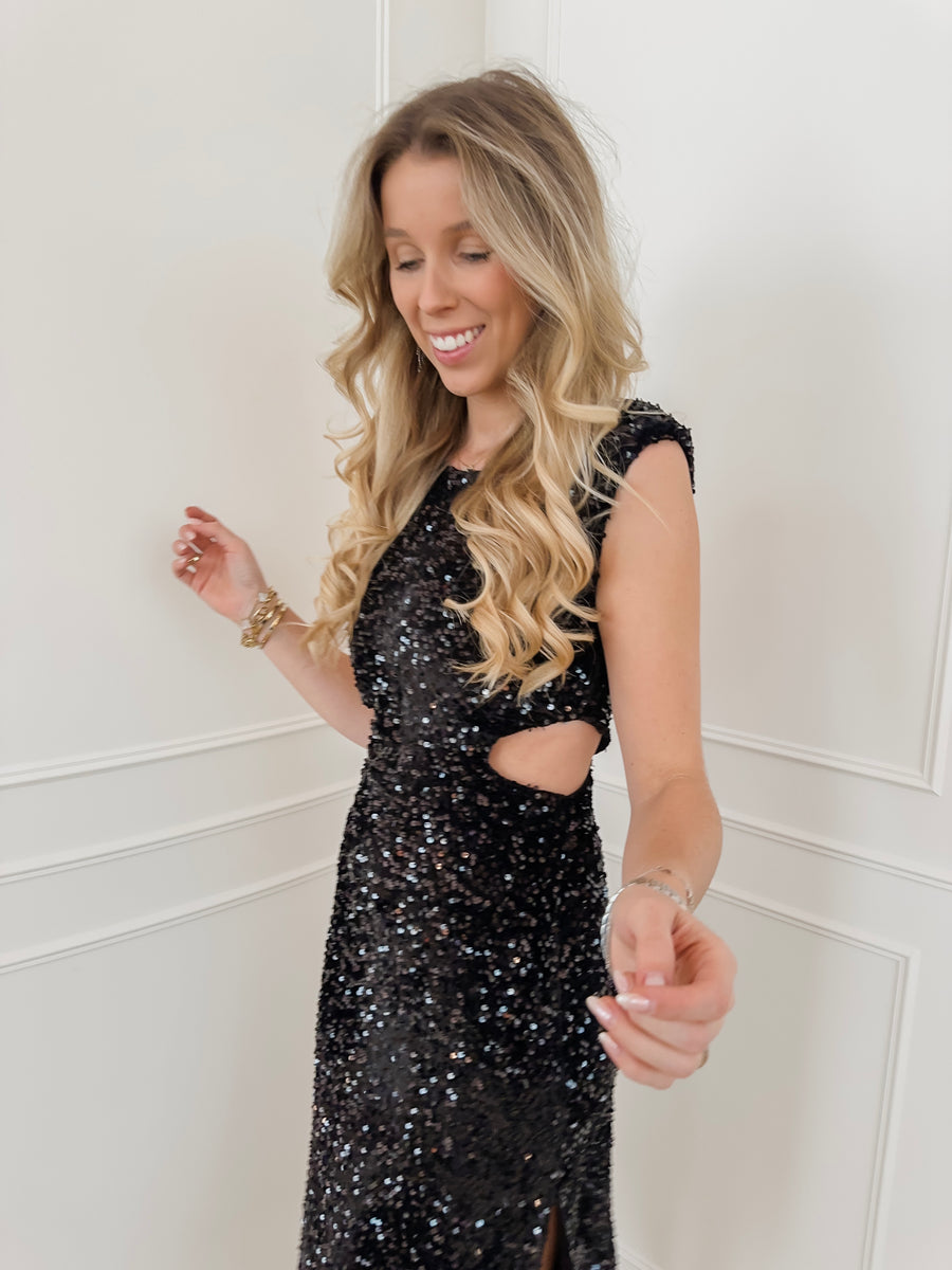 Black Sequin Cut Out Dress