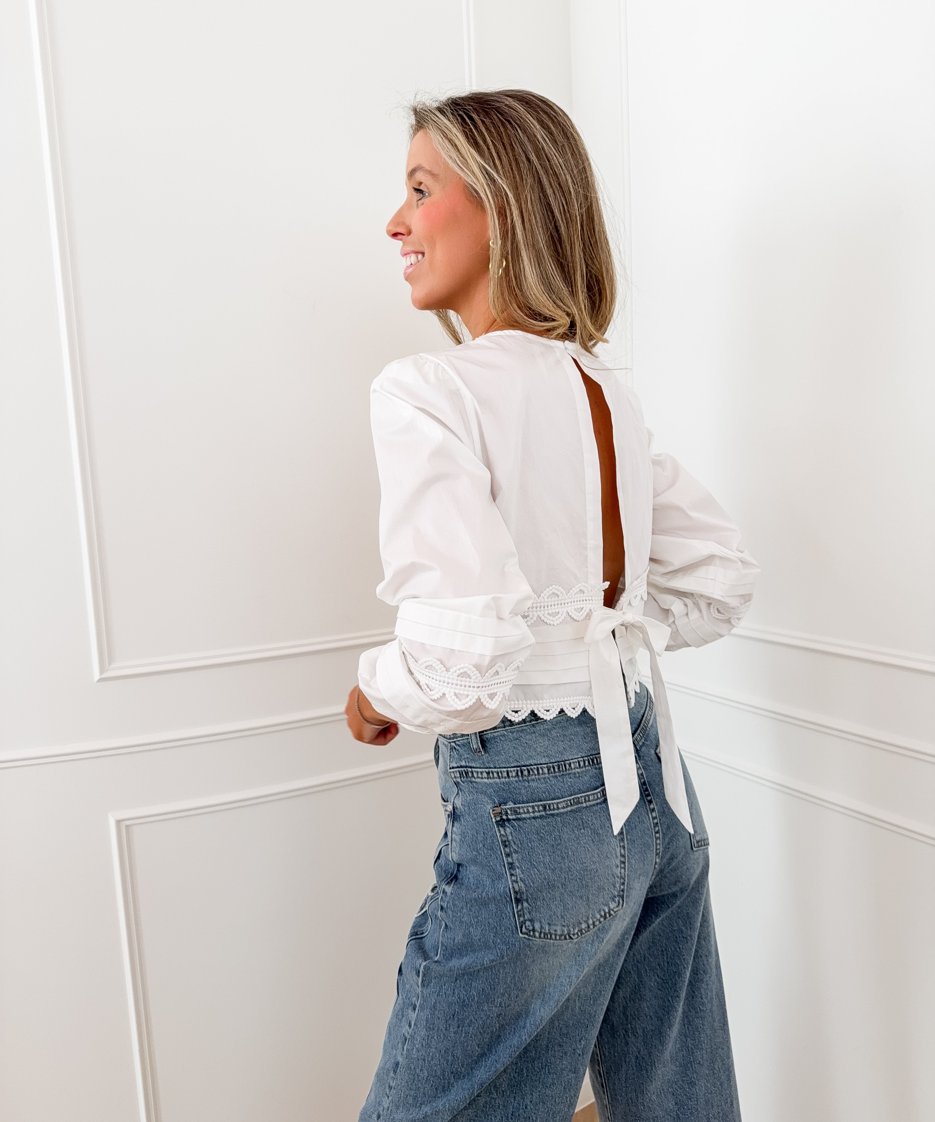 White Open Back Broderie Blouse