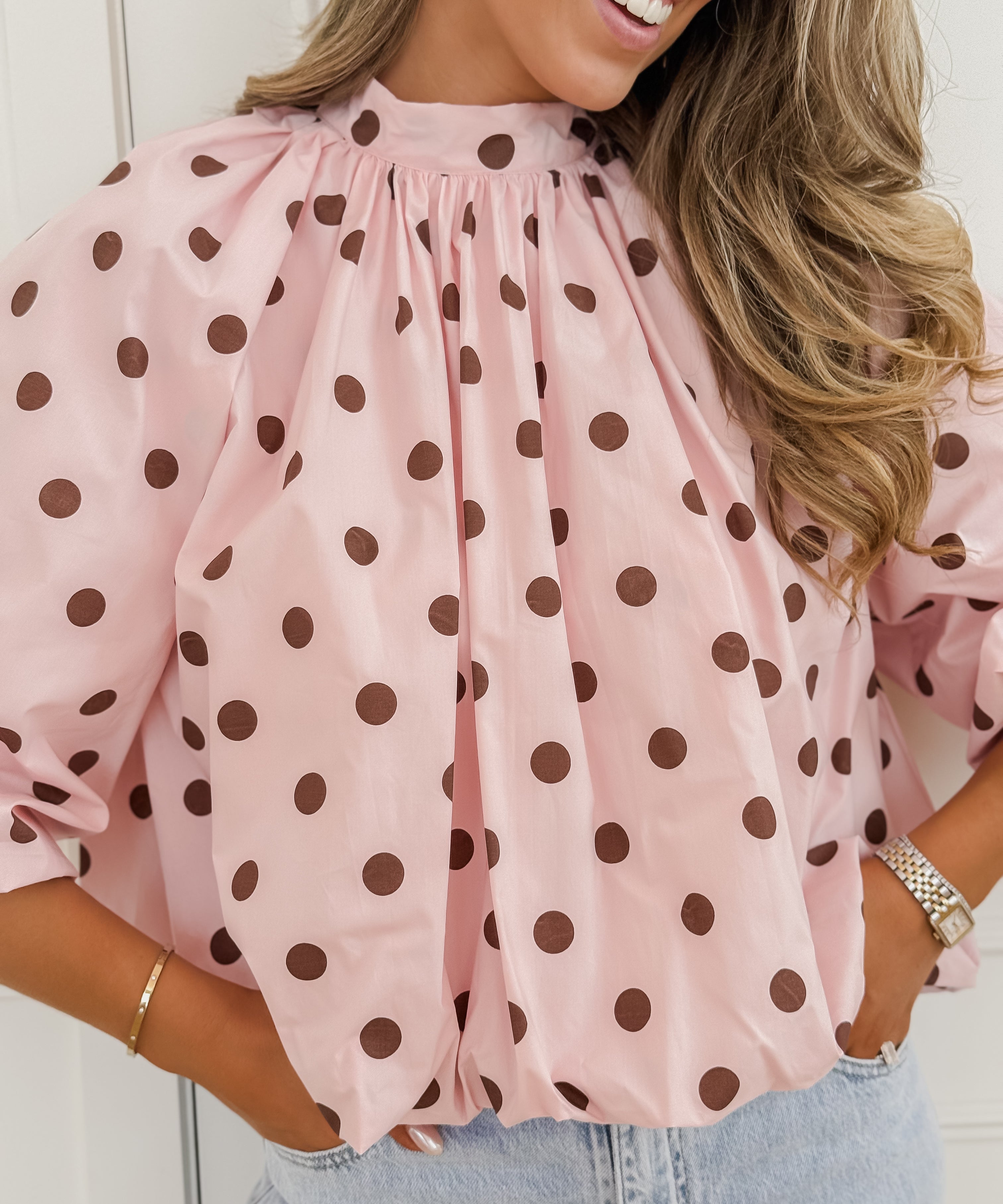 Pink Brown Polka Dots Leontina Blouse