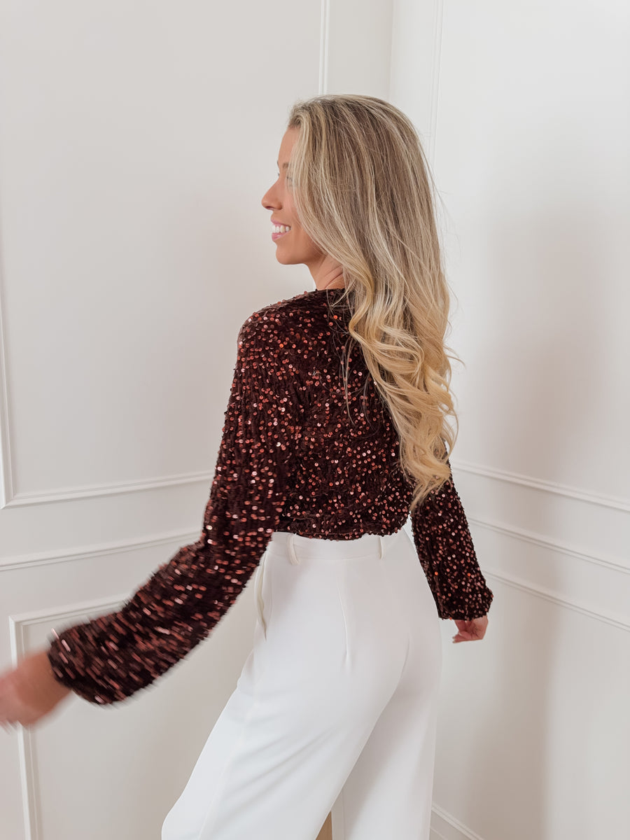 Dark Brown V-Neck Sequin Body