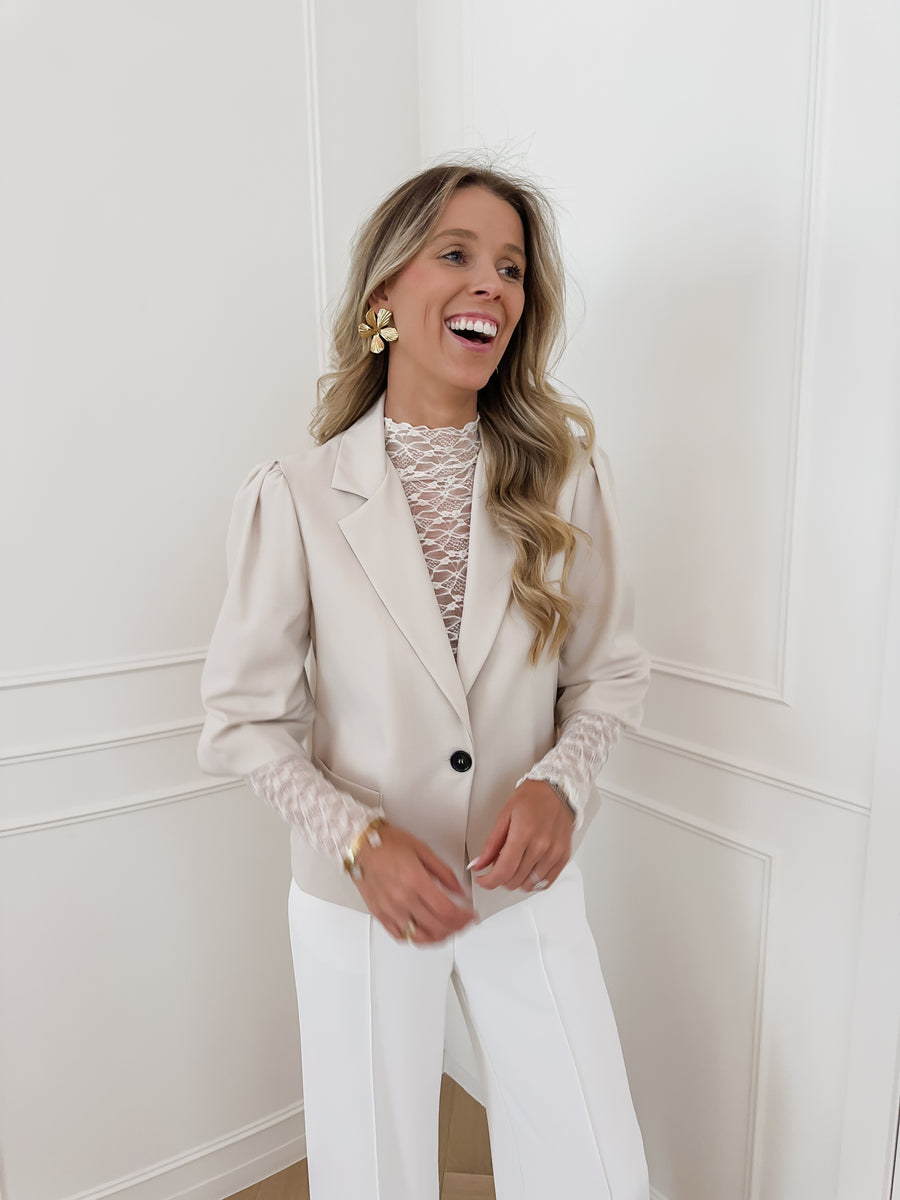 Beige Poffy Sleeve Blazer