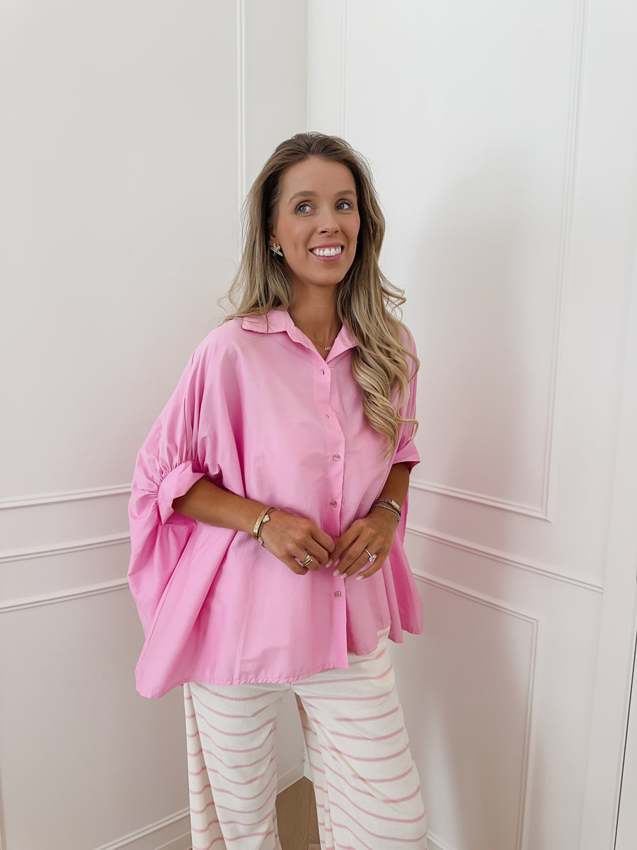 Pink Cotton Oversized Short Sleeve Blouse