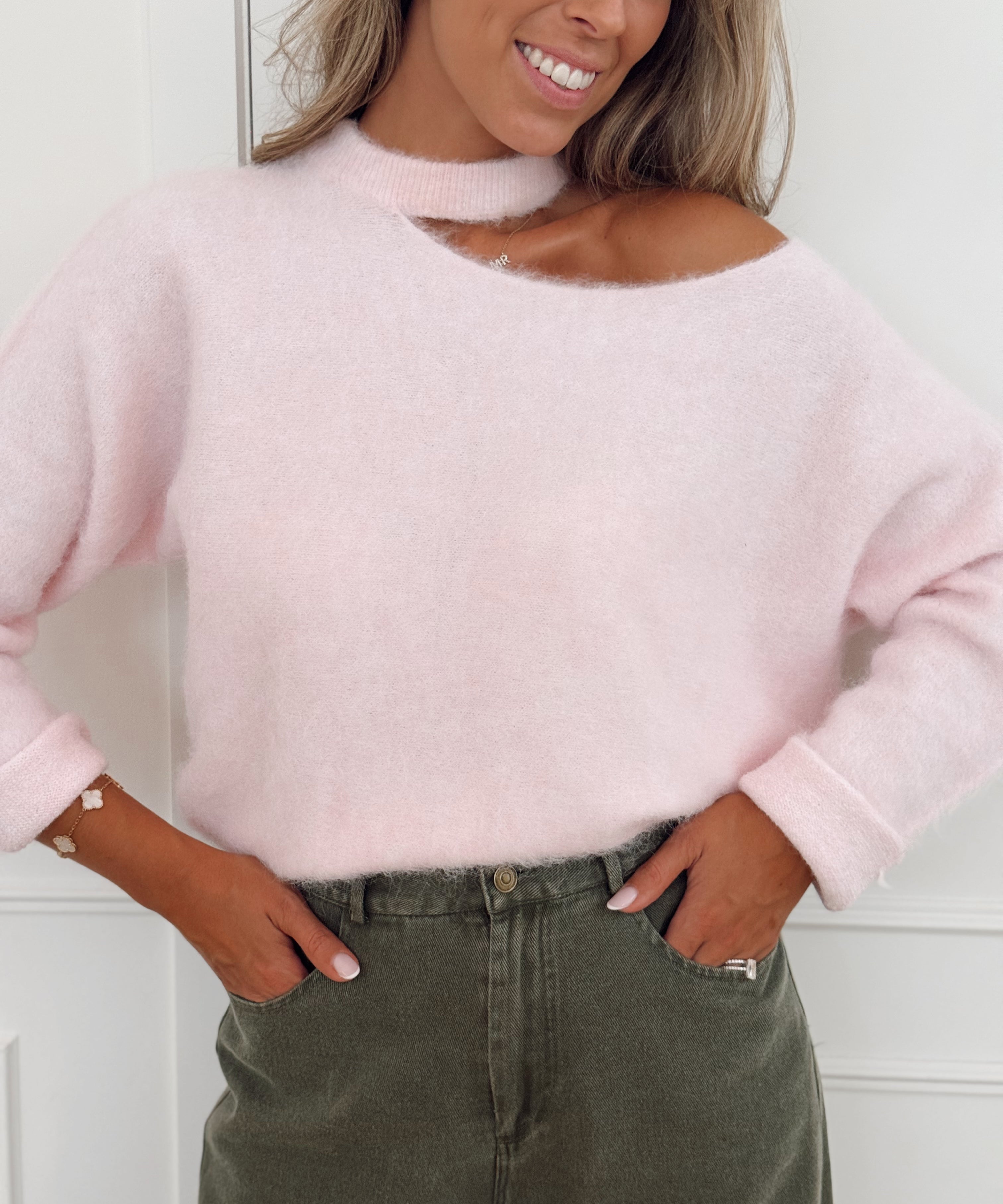 Pink One Off Shoulder LONG SLEEVE Halterneck Sweater