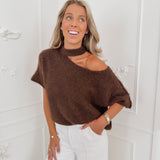 PRE ORDER Brown One Off Shoulder Halterneck Sweater