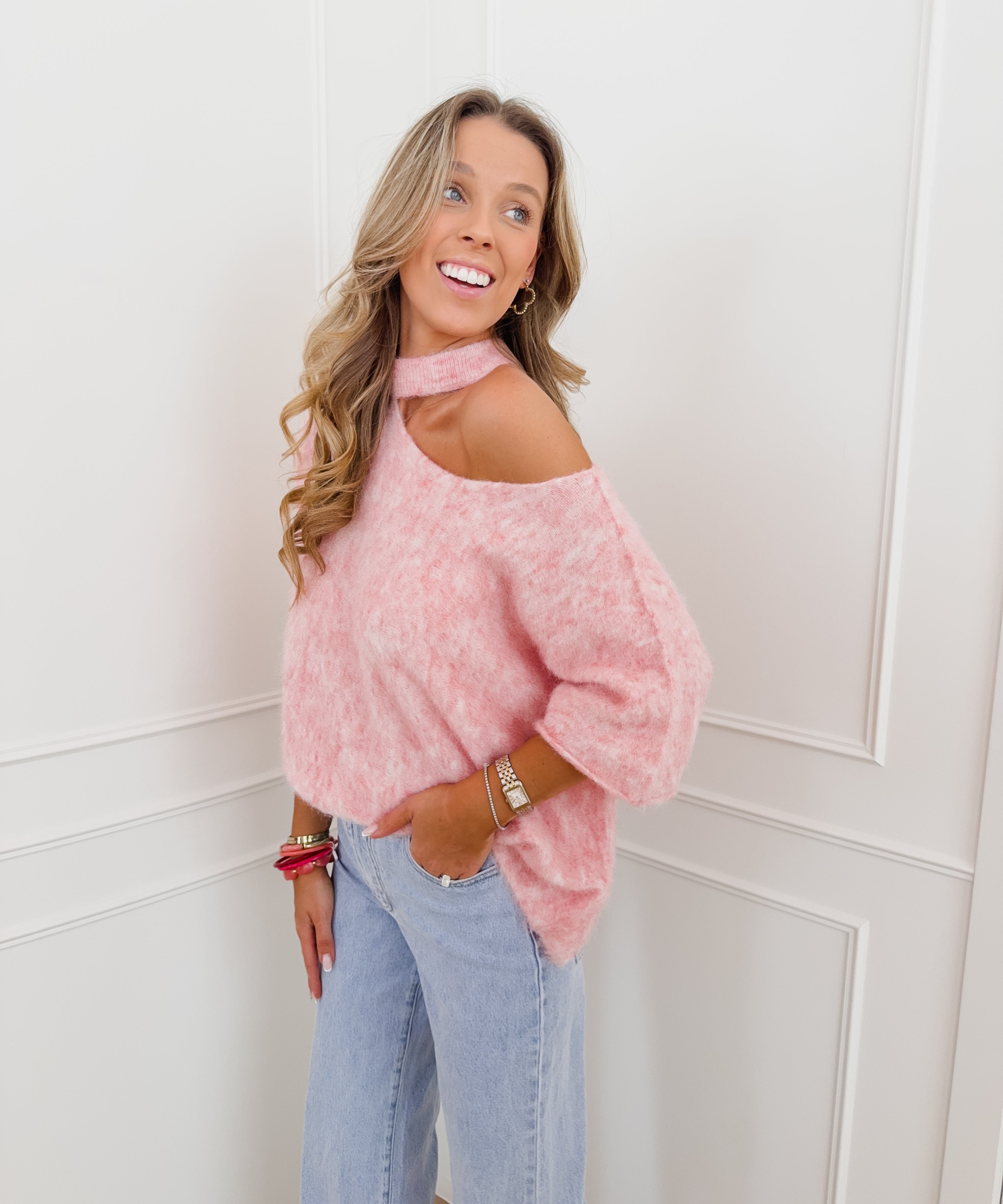 Pink One Off Shoulder Halterneck Sweater